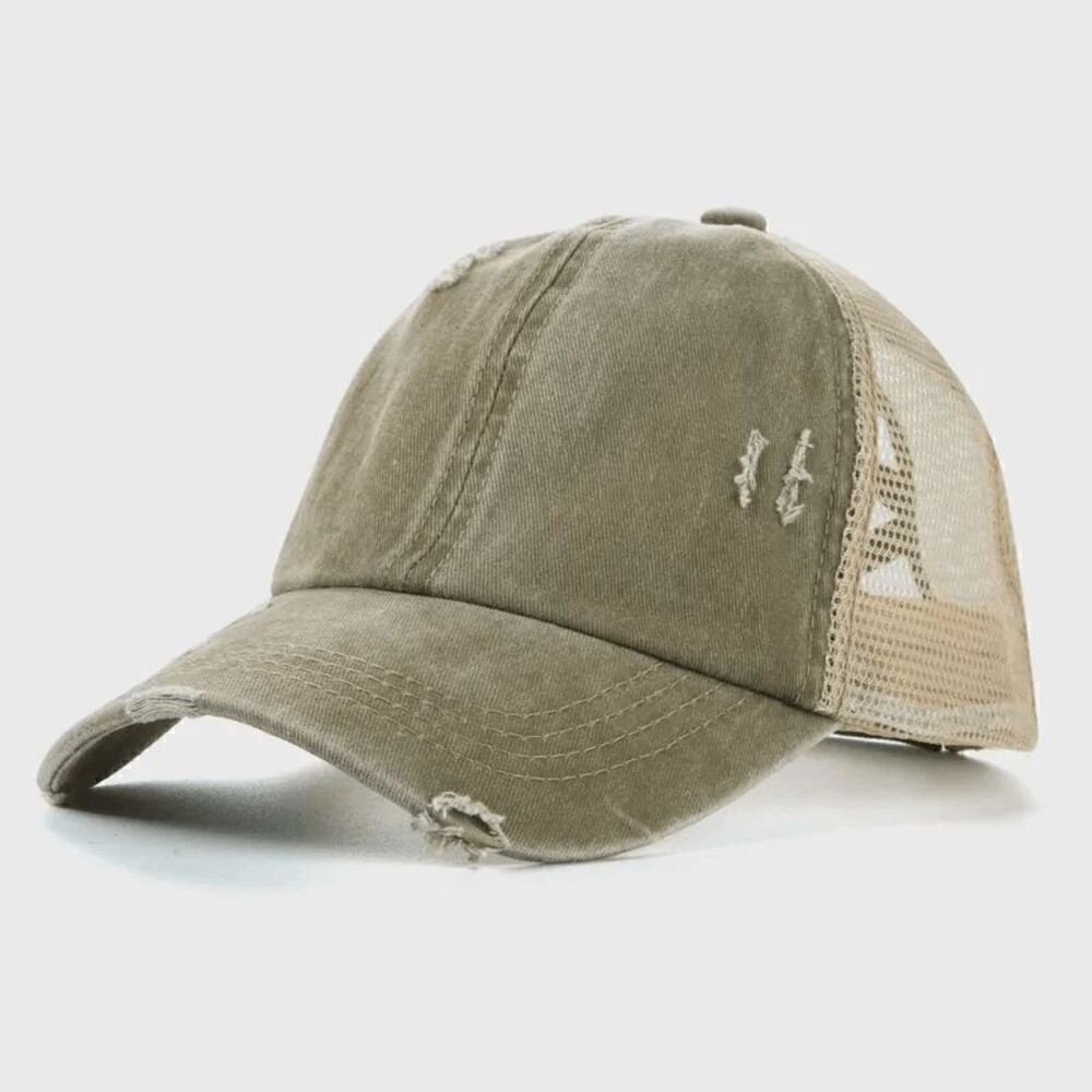  Ladies Khaki Olive Distressed Basball Hat - Picture 2 of 2